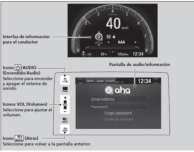 Honda Civic. Funcionamiento básico del sistema de sonido (Modelos con sistema de sonido con pantalla)