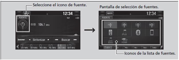 Honda Civic. Funcionamiento básico del sistema de sonido (Modelos con sistema de sonido con pantalla)