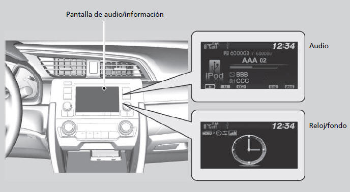 Honda Civic. Funcionamiento básico del sistema de sonido (Modelos con sistema de sonido con pantalla en color)