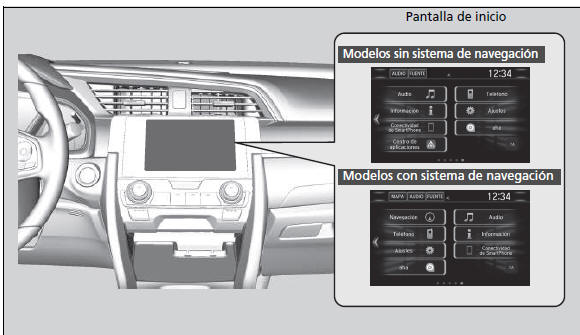 Honda Civic. Funcionamiento básico del sistema de sonido (Modelos con sistema de sonido con pantalla)