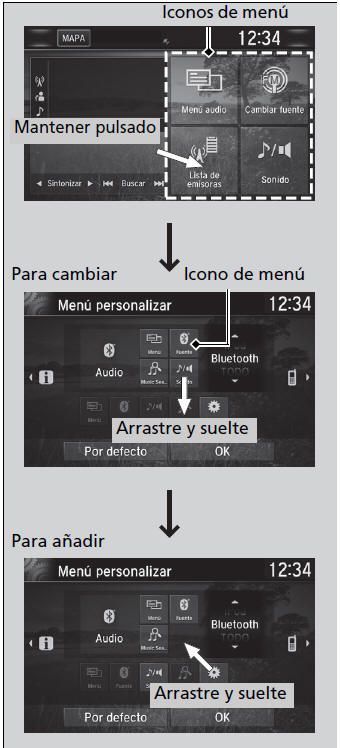 Honda Civic. Funcionamiento básico del sistema de sonido (Modelos con sistema de sonido con pantalla)