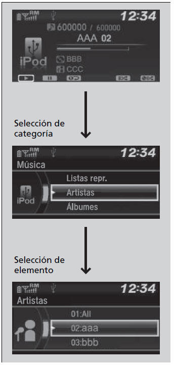 Honda Civic. Funcionamiento básico del sistema de sonido (Modelos con sistema de sonido con pantalla en color)