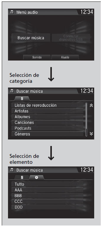 Honda Civic. Funcionamiento básico del sistema de sonido (Modelos con sistema de sonido con pantalla)