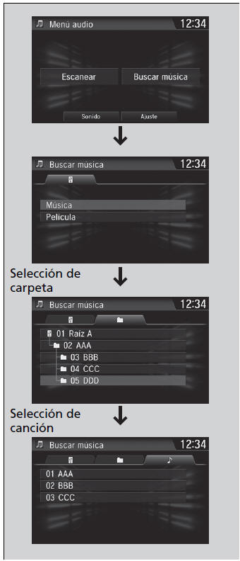 Honda Civic. Funcionamiento básico del sistema de sonido (Modelos con sistema de sonido con pantalla)