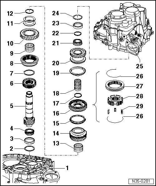 Cuadro de montaje - Árbol secundario de la 5ª/6ª y marcha atrás